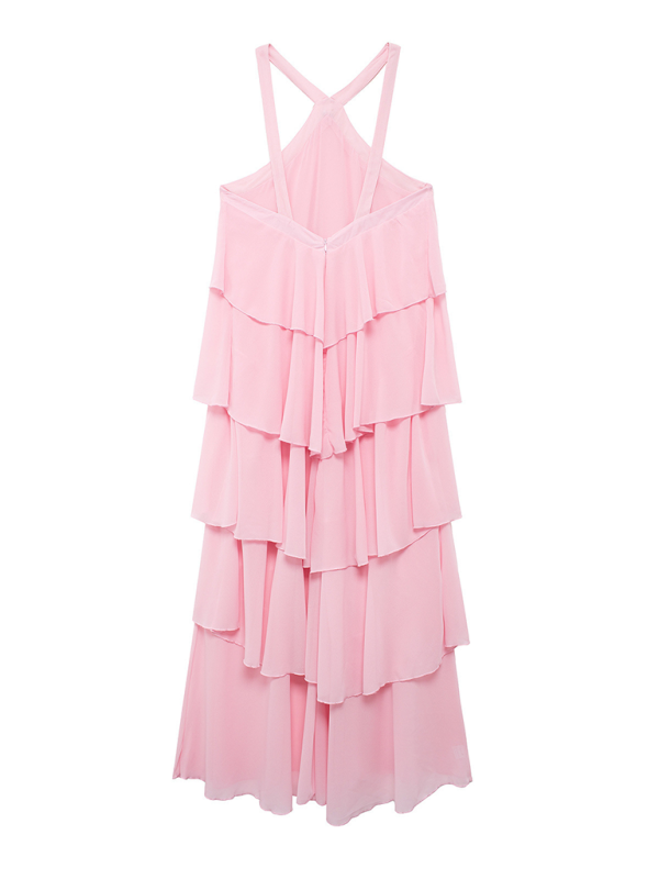 Ruffled Pink Halter-neck Backless Layered Dress