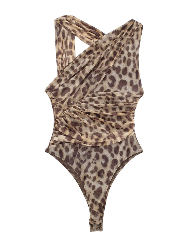 Leopard Print Asymmetric Pleated Tulle Bodysuit