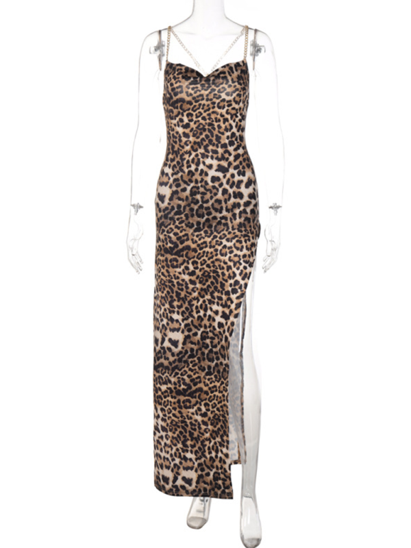 Leopard Print Backless Chain Strap Side-slit Long Dress