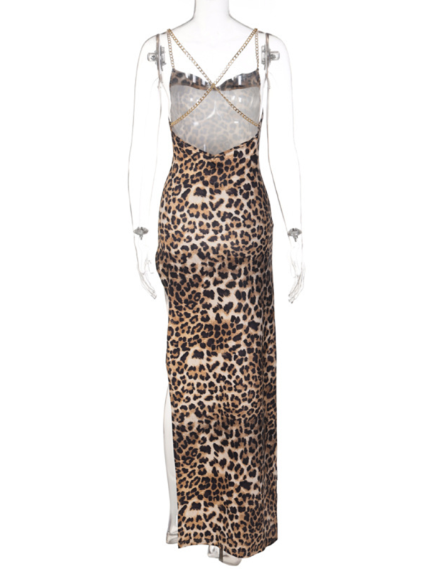 Leopard Print Backless Chain Strap Side-slit Long Dress