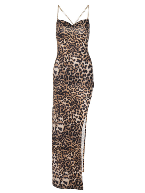 Leopard Print Backless Chain Strap Side-slit Long Dress