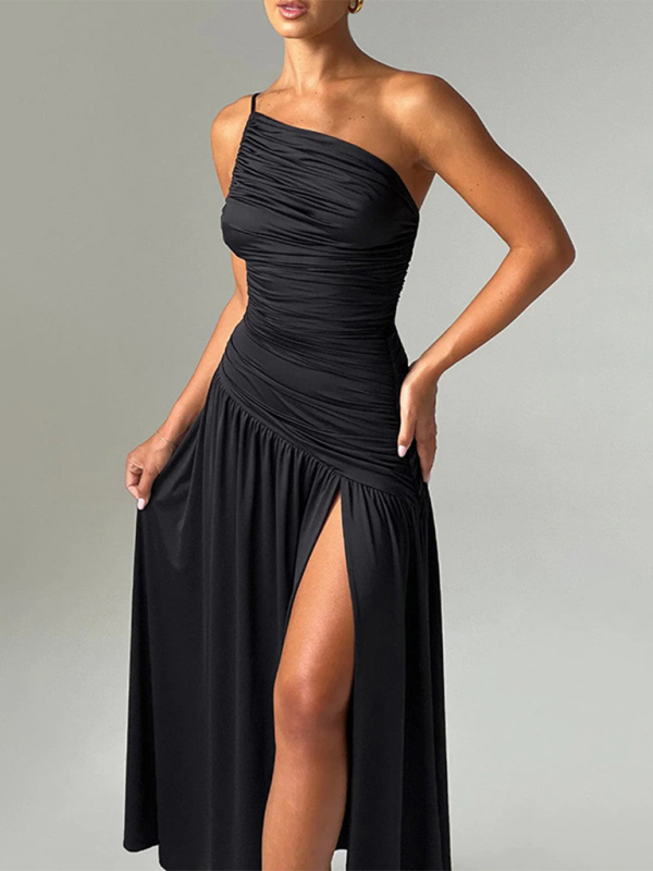 One Shoulder Gathered Slit A-line Maxi Dress