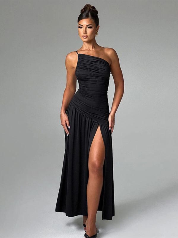 One Shoulder Gathered Slit A-line Maxi Dress