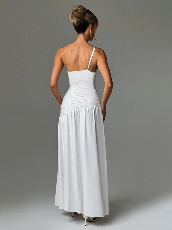 One Shoulder Gathered Slit A-line Maxi Dress