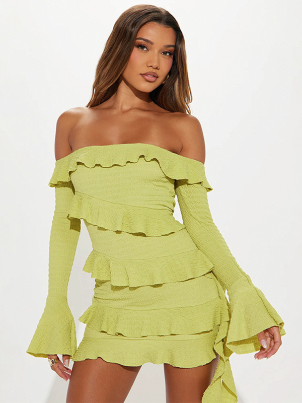 Off-the-shoulder Ruffled Trumpet Sleeve Ribbon Dress