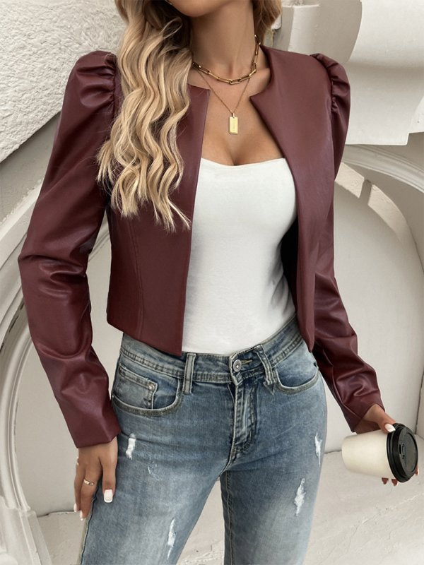 Pu Leather Ruched Sleeves Jacket