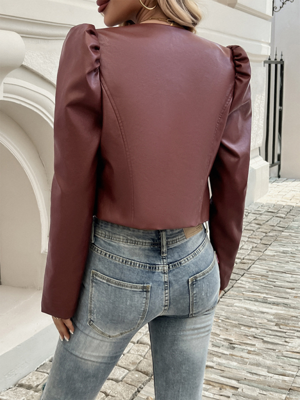 Pu Leather Ruched Sleeves Jacket