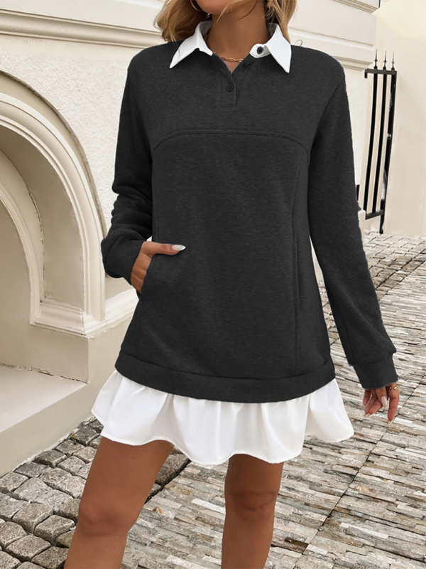 Casual Loose Pocket Patchwork Polo Neck Sweatshirt Dress