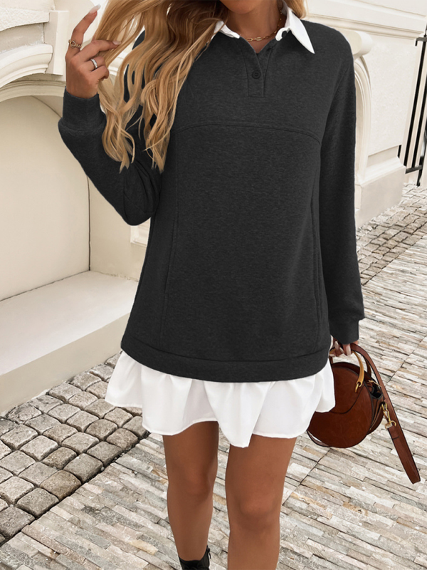 Casual Loose Pocket Patchwork Polo Neck Sweatshirt Dress