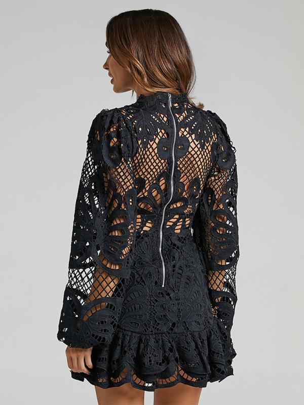 Lace Hollow Lapel Lantern Long Sleeve A-line Ruffle Dress