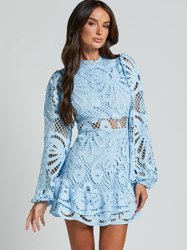 Lace Hollow Lapel Lantern Long Sleeve A-line Ruffle Dress