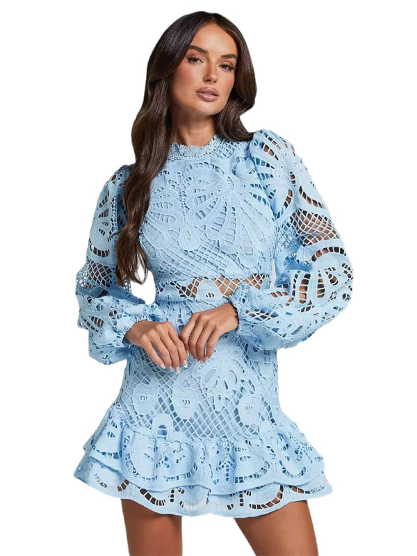 Lace Hollow Lapel Lantern Long Sleeve A-line Ruffle Dress