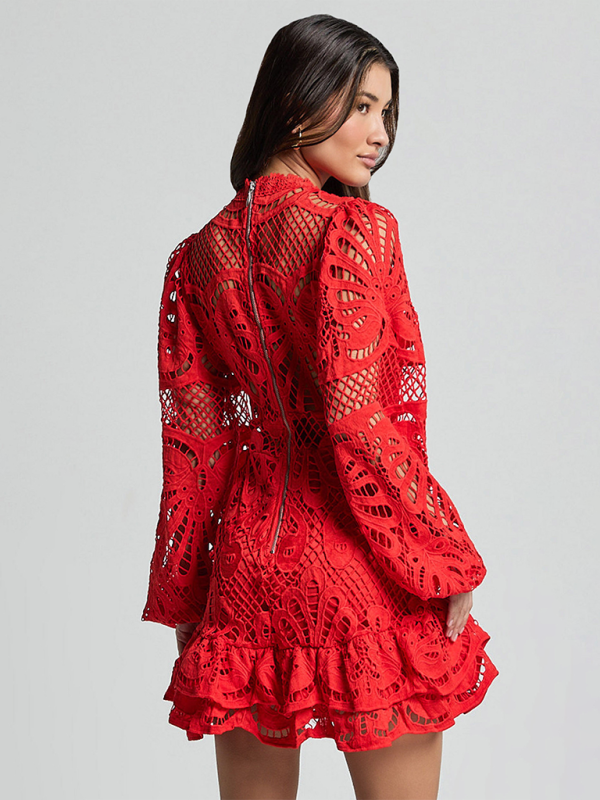 Lace Hollow Lapel Lantern Long Sleeve A-line Ruffle Dress