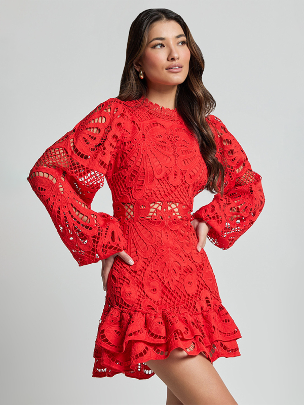 Lace Hollow Lapel Lantern Long Sleeve A-line Ruffle Dress