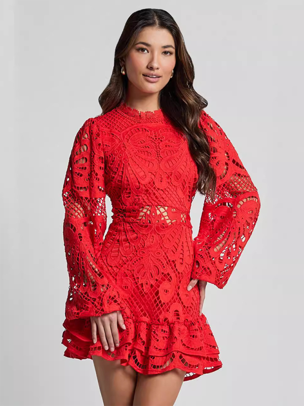 Lace Hollow Lapel Lantern Long Sleeve A-line Ruffle Dress