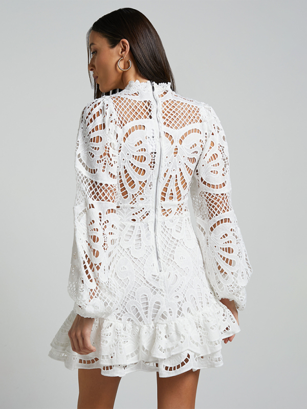 Lace Hollow Lapel Lantern Long Sleeve A-line Ruffle Dress