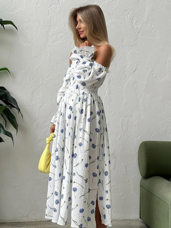 Off-the-shoulder Floral Ruffle Lantern Long-sleeve Dress