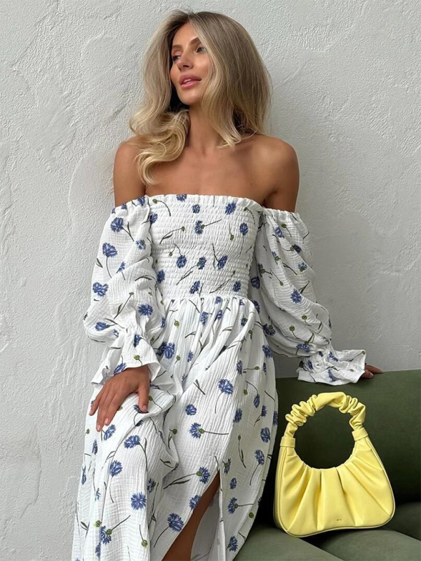 Off-the-shoulder Floral Ruffle Lantern Long-sleeve Dress