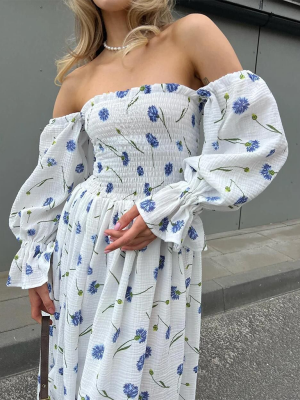 Off-the-shoulder Floral Ruffle Lantern Long-sleeve Dress