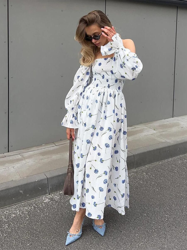 Off-the-shoulder Floral Ruffle Lantern Long-sleeve Dress