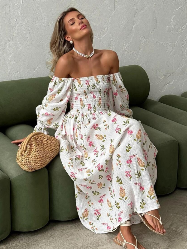 Off-the-shoulder Floral Ruffle Lantern Long-sleeve Dress