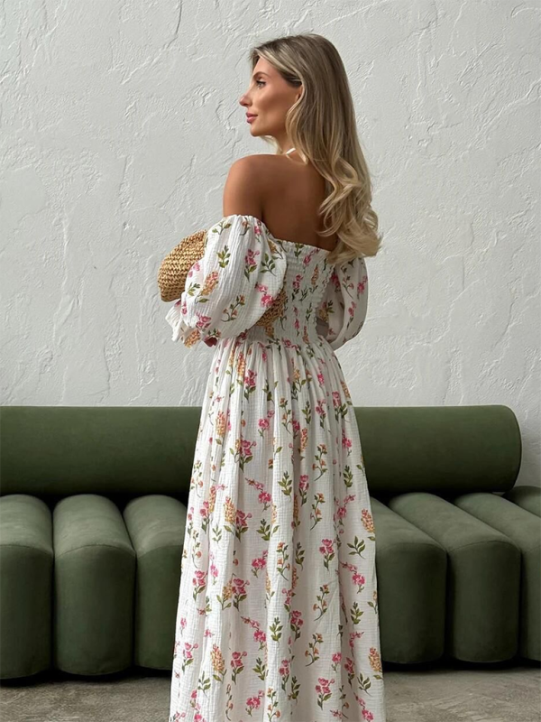 Off-the-shoulder Floral Ruffle Lantern Long-sleeve Dress