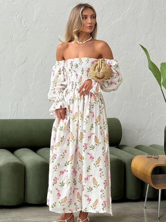 Off-the-shoulder Floral Ruffle Lantern Long-sleeve Dress