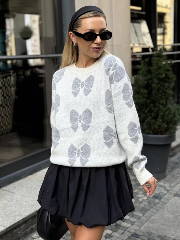 Bow Round Neck Loose Knit Sweater