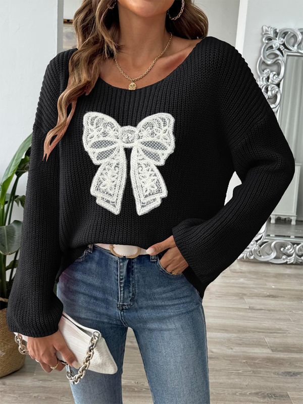 Bow Embroidery Flare Sleeve Sweater