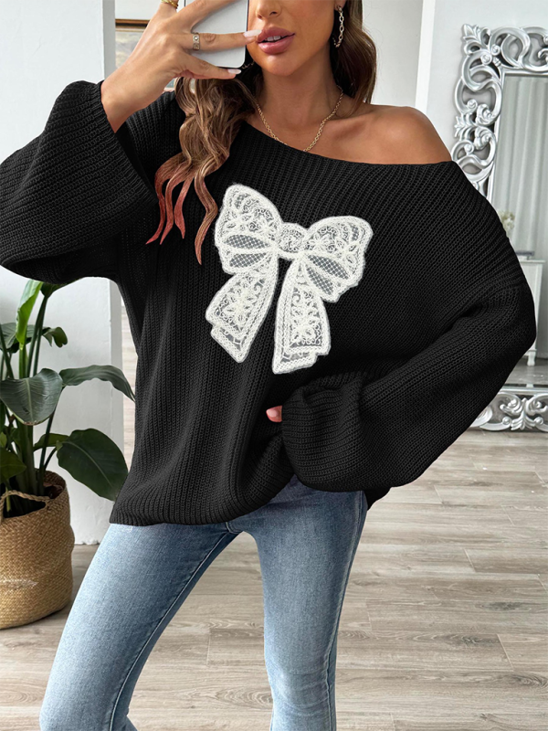 Bow Embroidery Flare Sleeve Sweater