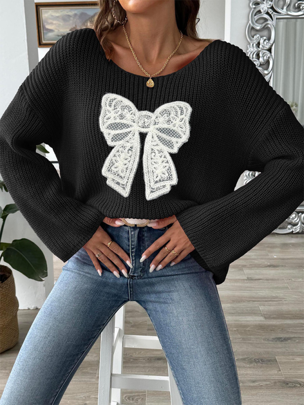 Bow Embroidery Flare Sleeve Sweater