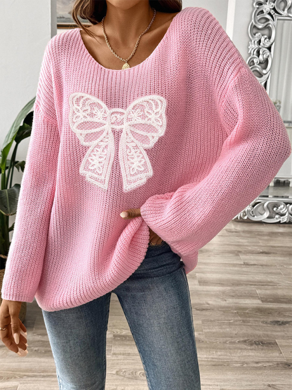 Bow Embroidery Flare Sleeve Sweater