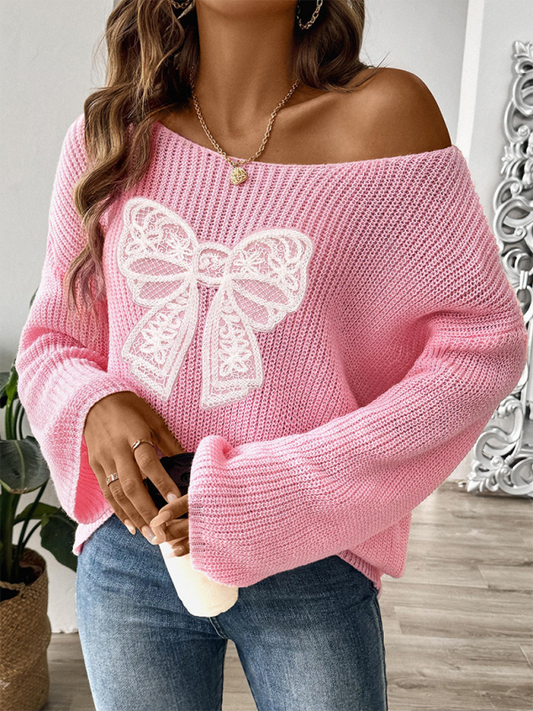 Bow Embroidery Flare Sleeve Sweater