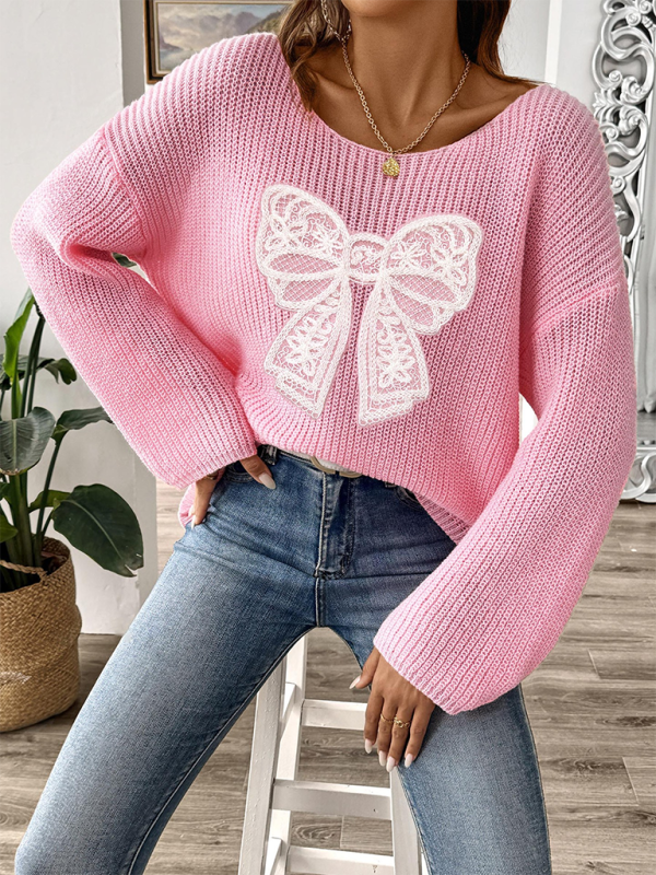 Bow Embroidery Flare Sleeve Sweater