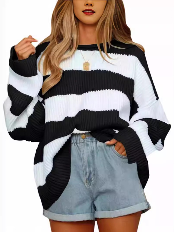 Striped Round Neck Long Sleeve Knitted Sweater