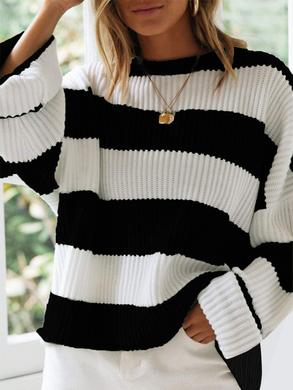 Striped Round Neck Long Sleeve Knitted Sweater