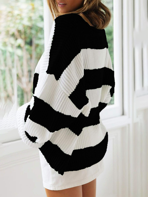 Striped Round Neck Long Sleeve Knitted Sweater