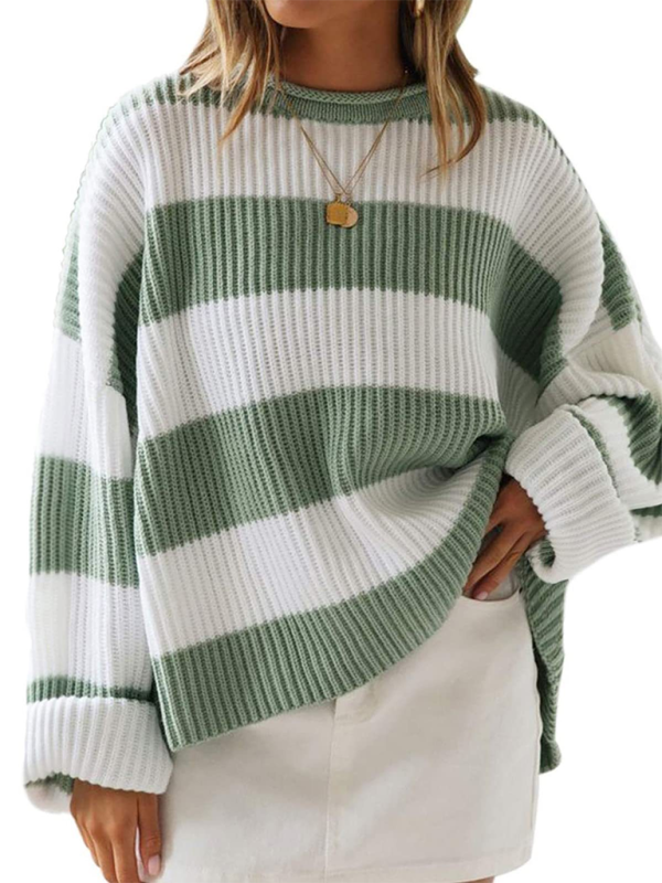 Striped Round Neck Long Sleeve Knitted Sweater