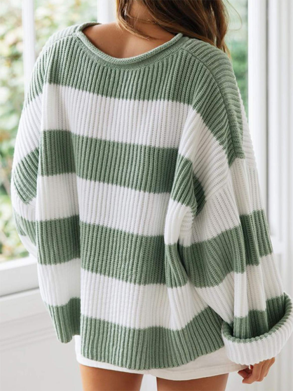 Striped Round Neck Long Sleeve Knitted Sweater