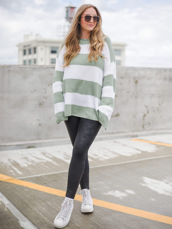 Striped Round Neck Long Sleeve Knitted Sweater