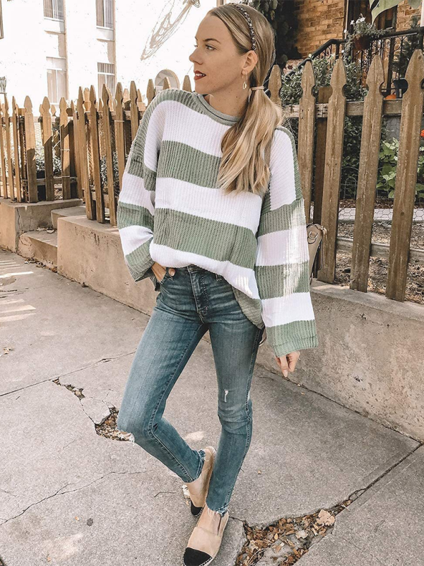 Striped Round Neck Long Sleeve Knitted Sweater