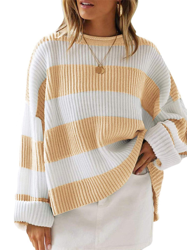 Striped Round Neck Long Sleeve Knitted Sweater