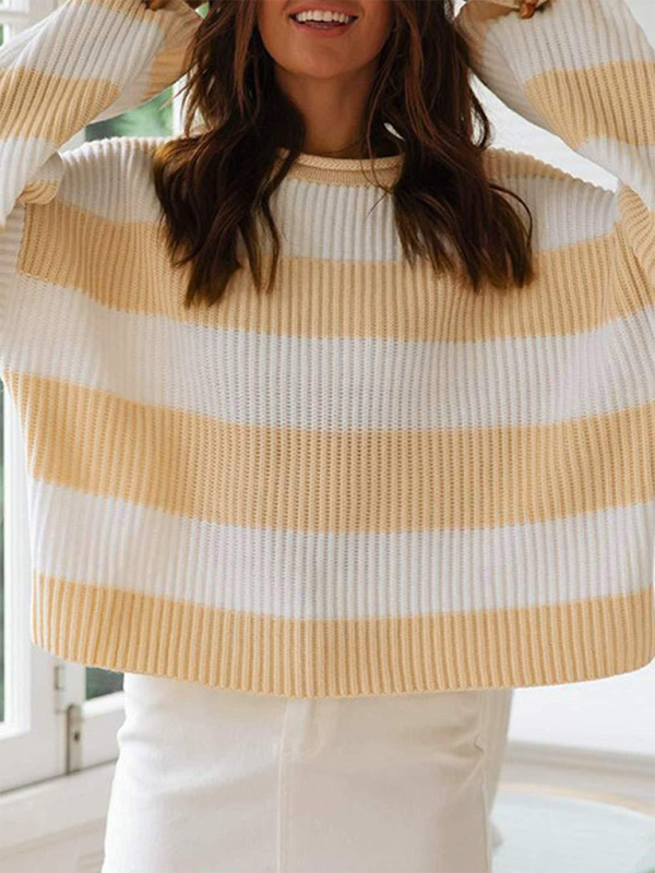 Striped Round Neck Long Sleeve Knitted Sweater