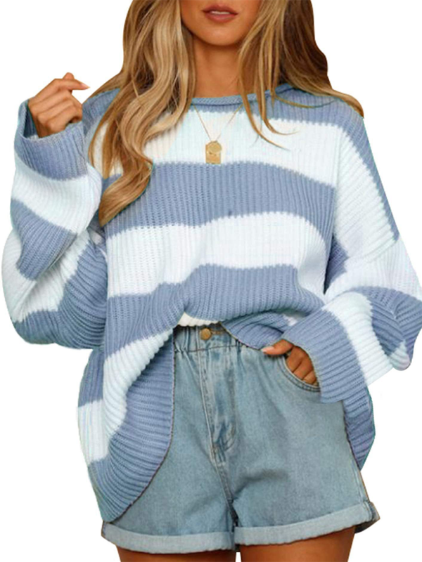 Striped Round Neck Long Sleeve Knitted Sweater