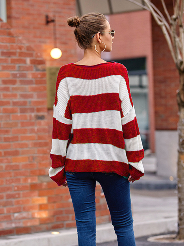 Striped Round Neck Long Sleeve Knitted Sweater