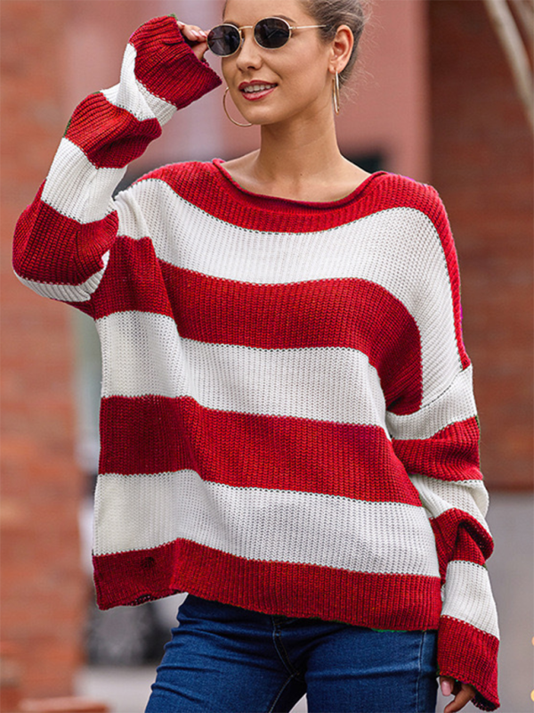 Striped Round Neck Long Sleeve Knitted Sweater