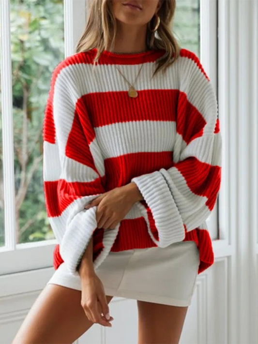 Striped Round Neck Long Sleeve Knitted Sweater