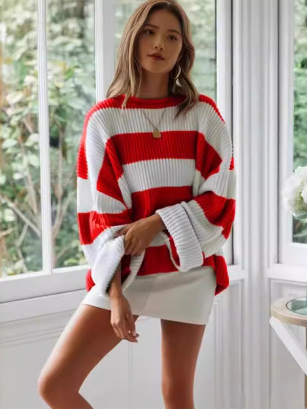 Striped Round Neck Long Sleeve Knitted Sweater