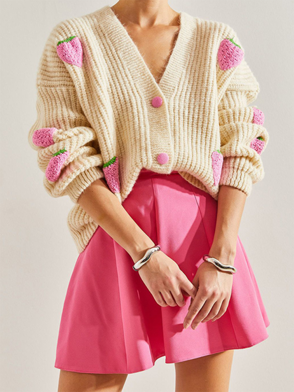 V-Neck Beige Strawberry Embellished Knit Sweater