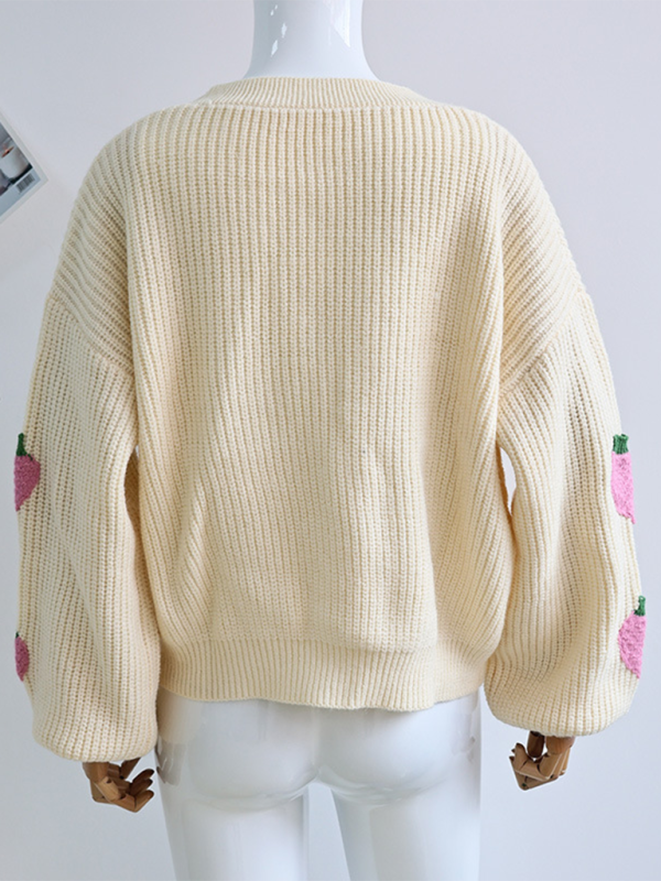 V-Neck Beige Strawberry Embellished Knit Sweater